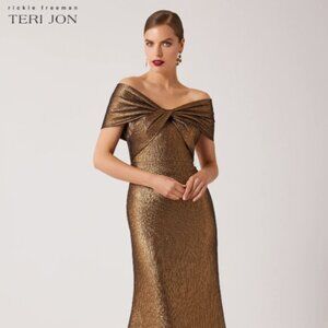 Teri Jon off shoulder Metallic Jacquard  Gown Size 10